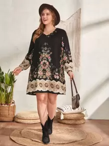 EMERY ROSE Plus Floral Print V Neck Dress - Multicolor - View 1