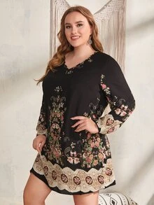 EMERY ROSE Plus Floral Print V Neck Dress - Multicolor - View 4