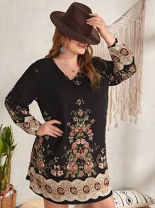 EMERY ROSE Plus Floral Print V Neck Dress - Multicolor - View 5