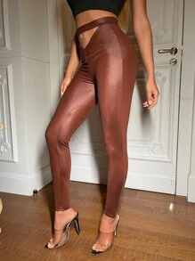 腰部鏤空PU皮革緊身打底褲 - 鏽棕色 - 查看 3