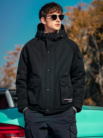 Hombres Abrigo con diseño de parche de peluche ribete con capucha con estampado de letra cremallera