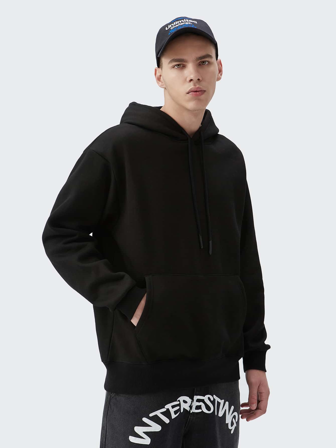 Men  Pocket Drawstring Hoodie - Black - View 1
