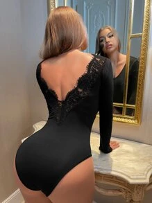 SHEIN SXY Contrast Eyelash Lace Backless Bodysuit - Black - View 1