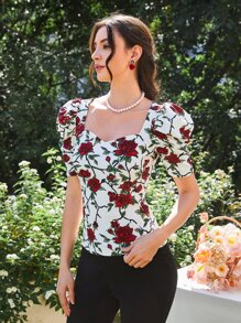 Modelyn Floral Print Puff Sleeve Sweetheart Neck Tee - Multicolor - View 4