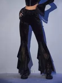 Gothic Contrast Lace Ruffle Hem Velvet Trousers