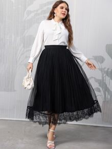 Modelyn Plus Eyelash Lace Panel Pleated Mesh Skirt - Black - View 1