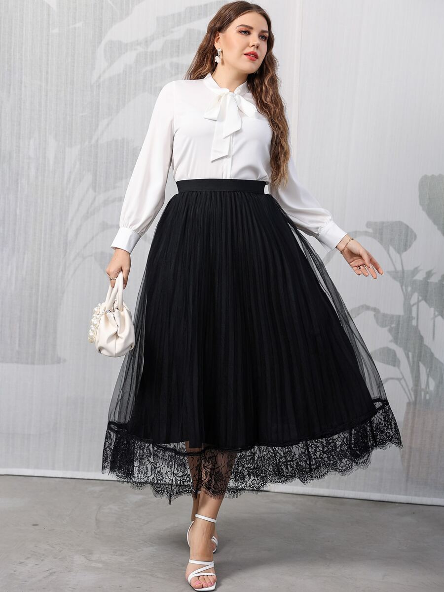 Modelyn Plus Eyelash Lace Panel Pleated Mesh Skirt - Black - View 1