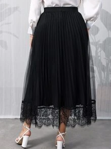 Modelyn Plus Eyelash Lace Panel Pleated Mesh Skirt - Black - View 2