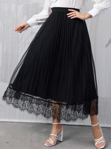 Modelyn Plus Eyelash Lace Panel Pleated Mesh Skirt - Black - View 3