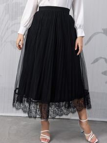 Modelyn Plus Eyelash Lace Panel Pleated Mesh Skirt - Black - View 4