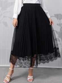 Modelyn Plus Eyelash Lace Panel Pleated Mesh Skirt - Black - View 5