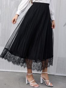 Modelyn Plus Eyelash Lace Panel Pleated Mesh Skirt - Black - View 6
