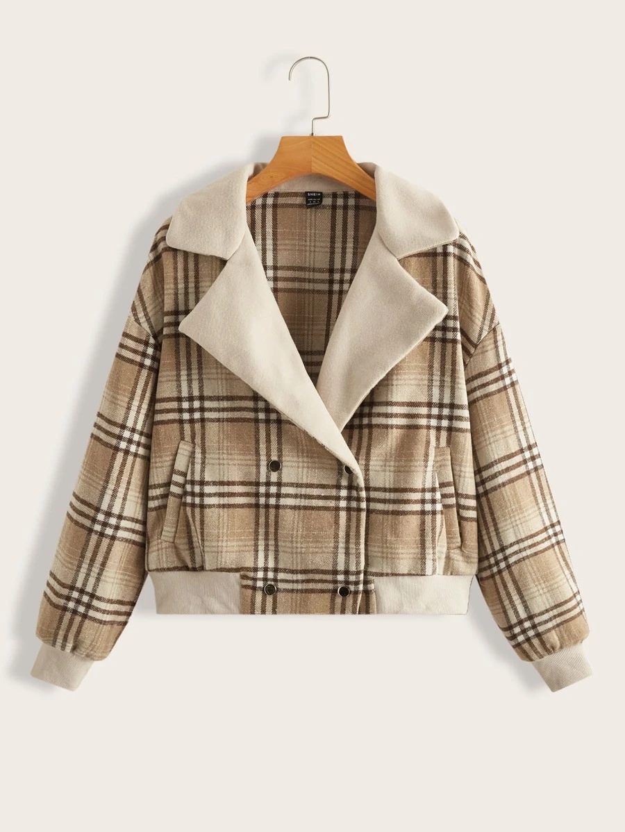 SHEIN Plaid Print Double Breasted Overcoat - Multicolor - View 1