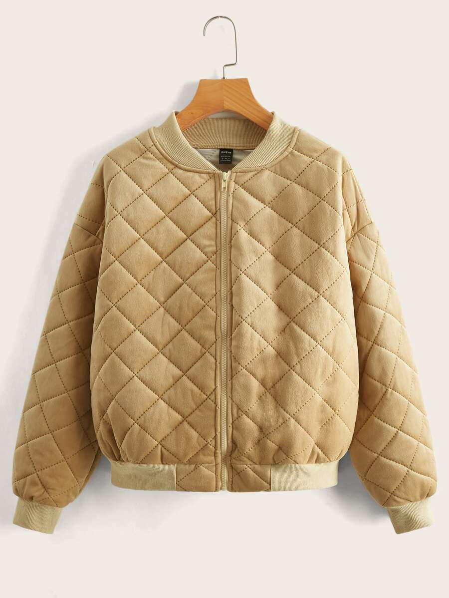 SHEIN Unity Zip Up Quilted Velvet Bomber Jacket - Khaki - View 1