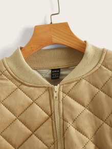 SHEIN Unity Zip Up Quilted Velvet Bomber Jacket - Khaki - View 3