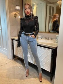 SHEIN SXY Body ribete con fruncido de espalda con abertura de ojo con encaje - Negro - Ver 4