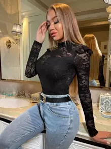 SHEIN SXY Body ribete con fruncido de espalda con abertura de ojo con encaje - Negro - Ver 5