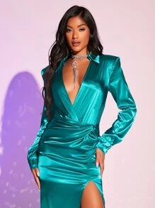 SHEIN Plunge Solid Shirt Bodysuit - Green - View 1