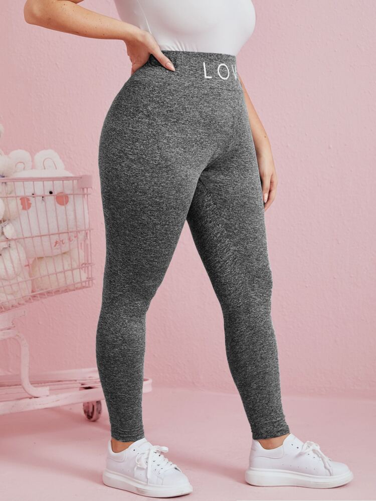 Mulvari 大碼寬腰帶字母圖案緊身褲 - 深灰色 - 查看 4