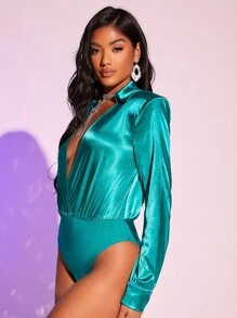 SHEIN Plunge Solid Shirt Bodysuit - Green - View 5