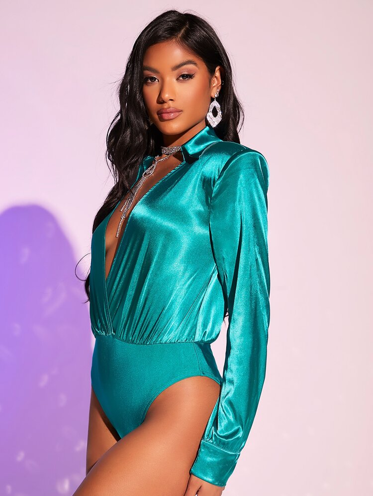 SHEIN 深V素色襯衫連體衣 - 綠色 - 查看 5