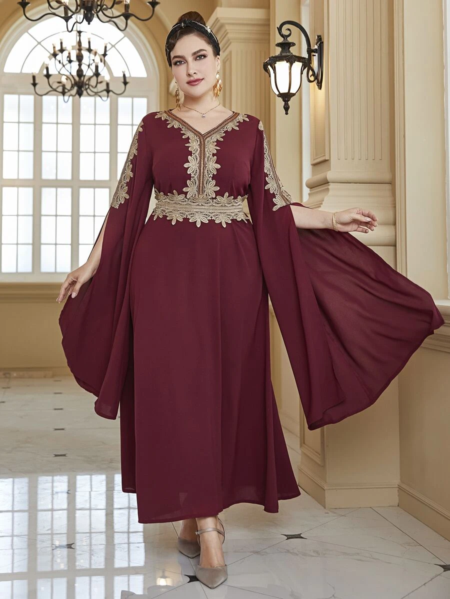 大碼提花蕾絲開衩袖連衣裙 - 酒紅色 - 查看 1