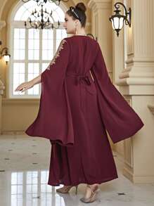 大碼提花蕾絲開衩袖連衣裙 - 酒紅色 - 查看 2