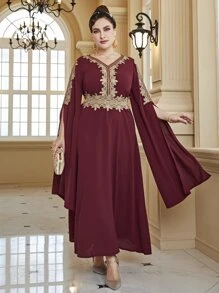 大碼提花蕾絲開衩袖連衣裙 - 酒紅色 - 查看 3