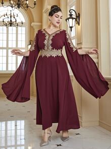 大碼提花蕾絲開衩袖連衣裙 - 酒紅色 - 查看 4