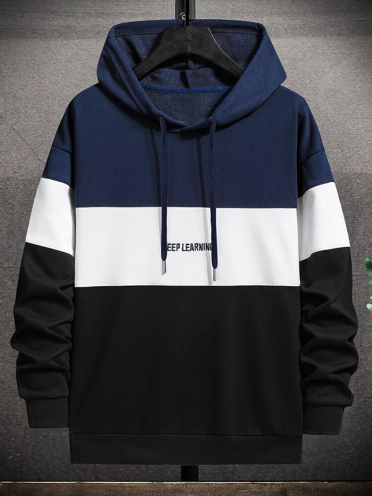 Manfinity Homme Men Color Block Letter Embroidery Drawstring Loose Hoodie - Multicolor - View 1