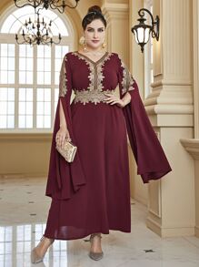 大碼提花蕾絲開衩袖連衣裙 - 酒紅色 - 查看 5