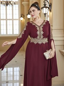 大碼提花蕾絲開衩袖連衣裙 - 酒紅色 - 查看 6