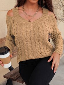 SHEIN Unity Jersey tejido de cable de cuello V con abertura - Caqui - View 5