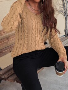 SHEIN Unity Jersey tejido de cable de cuello V con abertura - Caqui - View 6
