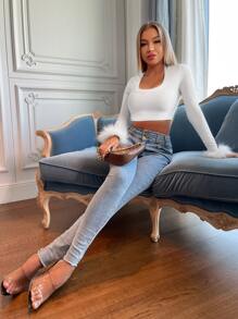 Firerie 毛茸茸袖口大圓領短款T恤