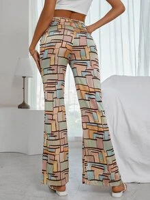 Allover Geo Print Split Hem Satin Flare Leg Trousers - Multicolor - View 2