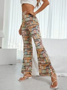 Allover Geo Print Split Hem Satin Flare Leg Trousers - Multicolor - View 1