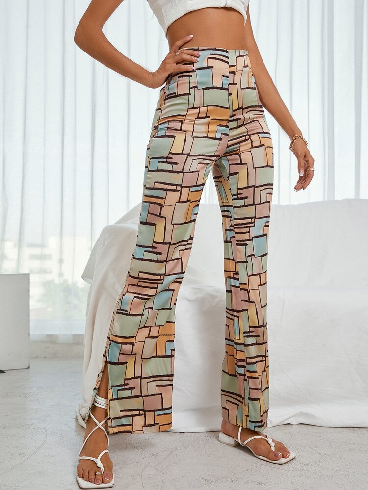 Allover Geo Print Split Hem Satin Flare Leg Pants - Multicolor - View 5