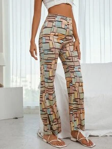 Allover Geo Print Split Hem Satin Flare Leg Trousers - Multicolor - View 6