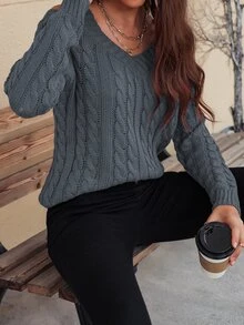 SHEIN Unity Jersey tejido de cable de cuello V con abertura - Gris Oscuro - Ver 6
