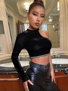 SHEIN BAE Asymmetrical Neck Contrast Tape Crop Velvet Tee - Black - View 4