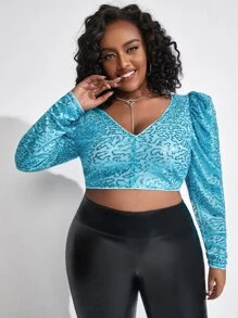 SHEIN Unity Plus V-neck Puff Sleeve Sequin Crop Top - Mint Blue - View 1