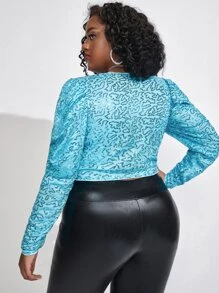 SHEIN Unity Plus V-neck Puff Sleeve Sequin Crop Top - Mint Blue - View 2