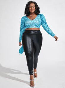 SHEIN Unity Plus V-neck Puff Sleeve Sequin Crop Top - Mint Blue - View 3