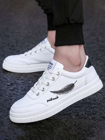 Men Feather Graphic Skate Shoes, Sporty White Non-Slip Flat Shoes Men’S Casual Shoes