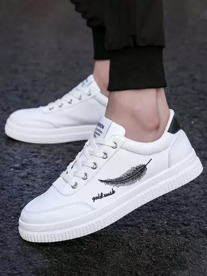 Men Feather Graphic Skate Shoes, Sporty White Non-Slip Flat Shoes Men’S Casual Shoes