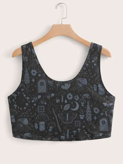 مقاس كبير لباس علوي تانك صور رسوم كارتون ياقة عميق