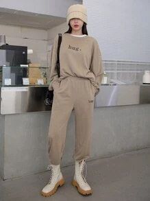 DAZY 字母圖案落肩袖套頭衫和運動褲不帶T恤 - 卡其色 - 查看 1