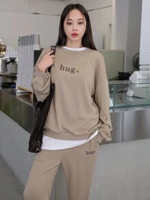 DAZY 字母圖案落肩袖套頭衫和運動褲不帶T恤 - 卡其色 - 查看 3