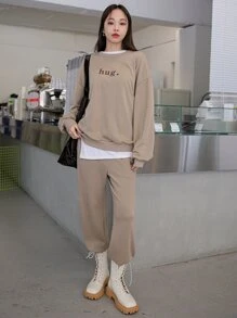 DAZY 字母圖案落肩袖套頭衫和運動褲不帶T恤 - 卡其色 - 查看 5